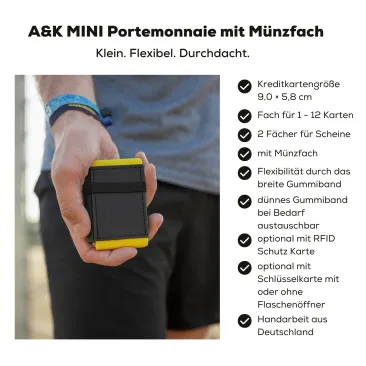 Mini Portemonnaie in Kreditkartengröße, Platz für 1-12 Karten, zwei Scheinfächer und Münzfach.