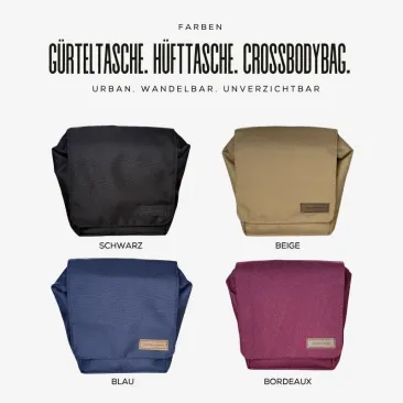 Black waist bag with magnetic buckle and strap – minimalist, slim design, wearable as a waist bag or crossbody bag.